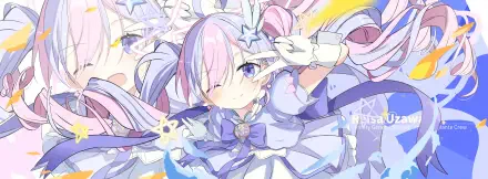 Blue Archive's Uzawa Reisa winking in a pastel pink-and-purple magical‑girl outfit with stars, ribbons and frills — bright 4K Ultra HD PC desktop wallpaper.