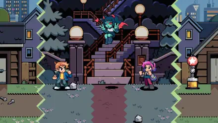 Pixel-art scene from the video game Scott Pilgrim EX: three characters clash on a lamplit stairway in a nighttime city — HD PC desktop wallpaper and background.