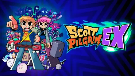 Colorful Scott Pilgrim EX video game HD PC desktop wallpaper featuring Scott Pilgrim and Ramona Flowers with bandmates, neon logo and stylized blue background.