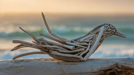 Driftwood sculpture shaped like a bird resting on a weathered log with soft ocean and pastel sunset bokeh — 4K Ultra HD PC Desktop Wallpaper and Background