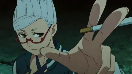 Seiko Ayase from Dandadan in an anime 4K PC wallpaper, pale-blue hair and red glasses, reaching toward the viewer while holding a cigarette against a dark background.