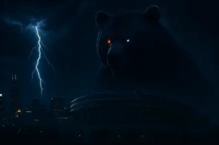 4K Ultra HD PC wallpaper: a giant bear with orange and blue glowing eyes looming over a Chicago Bears NFL stadium at night, lightning illuminating the dark city skyline.