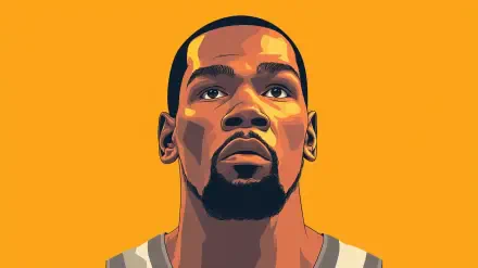 Minimalist NBA-inspired vector portrait of a male basketball player on an orange background — 2K Quad HD PC desktop wallpaper.