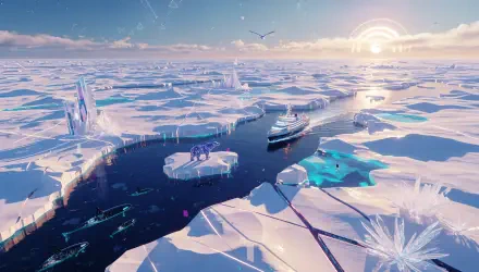 4K Ultra HD PC desktop wallpaper background of vast sea ice: floating ice floes and crystalline spikes, a ship cutting dark water beneath a glowing pastel horizon.