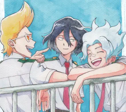 Watercolor-style anime 2K Quad HD desktop wallpaper from My Hero Academia: Vigilantes, showing Hizashi Yamada, Shouta Aizawa and Oboro Shirakumo leaning on a railing, laughing together.