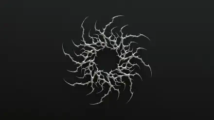 Dark gothic cybersigilism spiral of jagged white tendrils on a black gradient — HD PC desktop wallpaper and background.