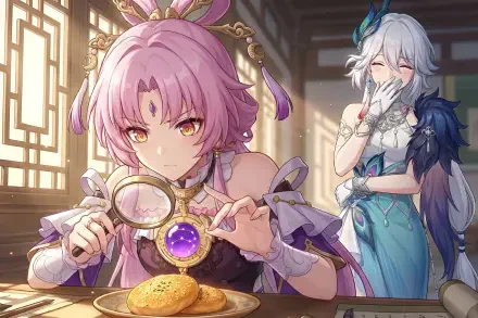 HD PC wallpaper of Genshin Impact anime girls Fu Xuan and Yao Guang: pink-haired Fu Xuan inspects mooncakes with a magnifying glass while blue-clad Yao Guang smiles behind her.