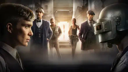 PUGB 4K Ultra HD PC desktop wallpaper/background: tense standoff in a dim industrial corridor — suited fighters converge while a helmeted soldier faces them through smoke and dramatic backlight.