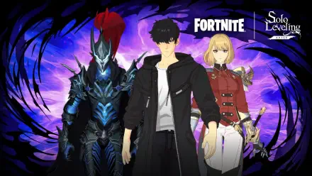 Fortnite Battle Royale 5K Ultra HD PC desktop wallpaper and background: dark-armored knight with red plume, black-clad male protagonist and blonde female soldier before swirling purple energy.