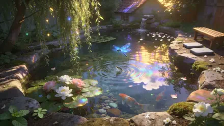 4K Ultra HD PC Desktop Wallpaper and Background: serene garden pond with koi, water lilies, stone steps, willow branches and a glowing blue butterfly over rippling reflections.