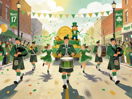 4K Ultra HD PC desktop wallpaper and background showing a lively St. Patrick's Day parade: drummers, bagpipers and dancers in green march down a bunting-lined street with banners and shamrocks.