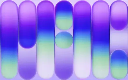 Abstract purple MacBook Neo 5K Ultra HD PC desktop wallpaper: rounded vertical gradient bars in purple, blue and mint with circular cutouts and a glossy, MacBook-inspired sheen.