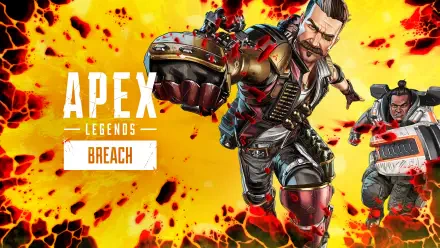 Apex Legends (Breach) charging forward amid explosions on a vivid yellow-orange backdrop - video game 2K Quad HD PC desktop wallpaper/background.