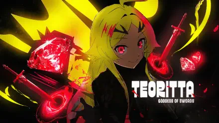 Teoritta: stylized anime girl with yellow hair and glowing red eyes, surrounded by red swords and crystals on a black-and-yellow backdrop — HD PC desktop wallpaper background