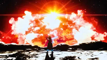 Arthur Boyle (Fire Force) makes a Last Stand on a cratered moon, sword ablaze against an exploding sky — 4K Ultra HD anime desktop wallpaper.