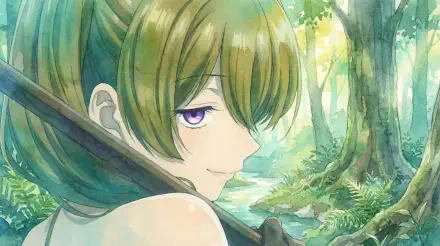 Watercolor anime 5K Ultra HD PC wallpaper: Ubel from Frieren: Beyond Journey's End, a forest mage with lavender eyes and a staff over the shoulder, smiling beside a sunlit woodland stream.