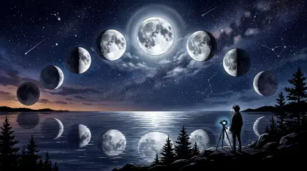 5K Ultra HD PC desktop wallpaper and background showing moon phases arcing across a starry sky reflected on a lake, with a silhouetted photographer at a tripod on the shore.
