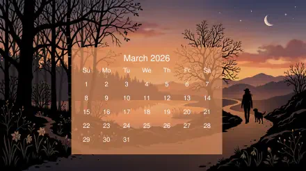 March 2026 calendar overlaid on 5K Ultra HD PC desktop wallpaper and background: silhouetted couple by a riverside at dusk, crescent moon, bare trees and distant mountains.
