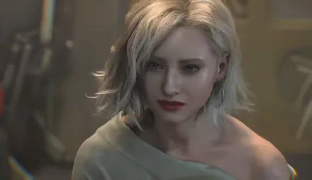 Grace Ashcroft from Resident Evil Requiem (Capcom) — 4K Ultra HD PC desktop wallpaper: close-up of a pale-haired woman with red lips and a haunted expression in moody horror lighting.