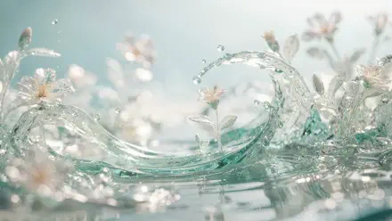 Ethereal glassy aqua wave with crystalline droplets and tiny white blossoms against a soft bokeh background — 4K Ultra HD PC Desktop Wallpaper and Background.