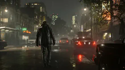 Resident Evil Requiem (Capcom) 2K Quad HD PC desktop wallpaper: Leon S. Kennedy walks a rain-slick neon city street at night, cinematic horror video game scene.