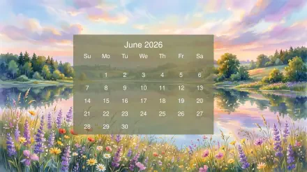 June 2026 calendar overlaid on a 5K Ultra HD PC desktop wallpaper: pastel lakeside landscape with wildflowers, trees and reflective water at sunrise.