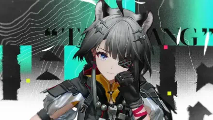 2K Quad HD PC desktop wallpaper of Tangtang from the video game Arknights: Endfield — gray-haired operator with an eye patch, tactical armor and teal-accented abstract background.