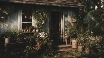 Cottagecore rustic garden with potted blooms, climbing vines and a weathered wooden cottage door, cozy backyard vibe — aesthetic nature 2K Quad HD PC desktop wallpaper.