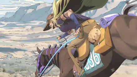 4K Ultra HD PC desktop wallpaper of Gyro Zeppeli from Steel Ball Run racing on horseback across a desert plain, cape flying and spinning his steel ball.