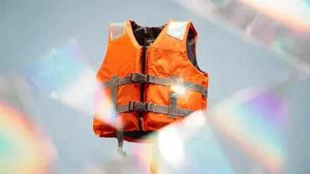 4K Ultra HD PC desktop wallpaper showing an orange life jacket suspended against a soft, prism-lit background.