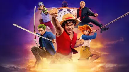 One Piece (Live Action) 4K Ultra HD PC desktop wallpaper: Luffy lunges forward, fist raised, with Zoro, Nami, Sanji and Usopp behind him against a glowing purple-orange sky.