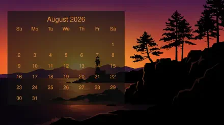 August 2026 calendar overlay on 5K Ultra HD PC desktop wallpaper: silhouetted pines and rocky cliffs at sunset, calm water reflecting the warm sky.