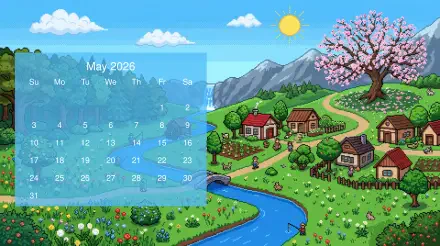 May 2026 calendar overlaid on 5K Ultra HD PC desktop wallpaper and background: cartoon countryside with river, cottages, mountains, sun and a blooming tree.