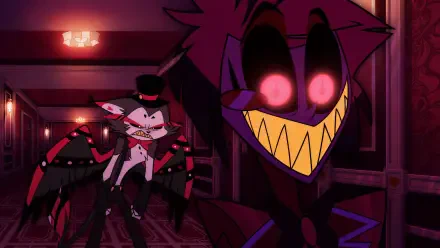 HD PC desktop wallpaper from the TV show Hazbin Hotel: menacing close-up of Alastor with glowing eyes and sharp grin, Husk behind him in a dim, crimson hotel corridor.