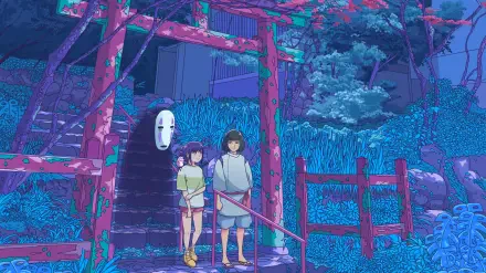4K Ultra HD PC desktop wallpaper from the movie Spirited Away (Studio Ghibli) showing Haku (Spirited Away), Chihiro and No-Face (Spirited Away) by a torii gate in a blue night forest.