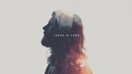 Double-exposure 2K Quad HD PC wallpaper: silhouetted side profile filled with city and sky, centered text JESUS IS LORD — religious desktop background.
