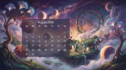 Whimsical celestial landscape with floating islands, planets and a clockwork tree, overlaid by an August 2026 calendar; 5K Ultra HD PC desktop wallpaper and background.