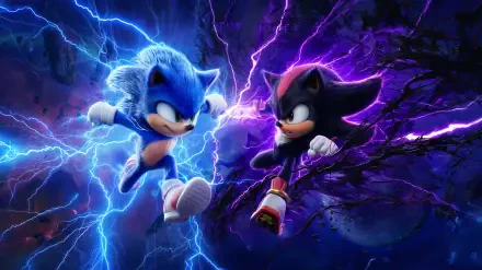 2K Quad HD PC desktop wallpaper of Sonic the Hedgehog and Shadow the Hedgehog locked in a mid-air clash amid blue and purple lightning from the Sonic the Hedgehog 4 movie.