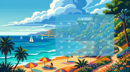 July 2026 calendar overlay on colorful 5K Ultra HD PC desktop wallpaper and background: vibrant beach scene with umbrellas, palm trees, sailboats and blue ocean.