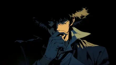 Dark anime 2K Quad HD PC desktop wallpaper of Cowboy Bebop's Spike Spiegel: shadowed profile with cigarette, furrowed gaze and upturned collar against a black background.
