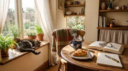 Cozy morning: sunlit kitchen nook with a cat on the windowsill, potted plants, steaming tea and croissant on a wooden table with an open book and glasses — 5K Ultra HD PC desktop wallpaper.