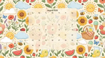 August 2026 calendar over a cheerful summer pattern of sunflowers, smiling suns, clouds, bees, watermelon slices and a picnic basket — 5K Ultra HD PC desktop wallpaper/background.