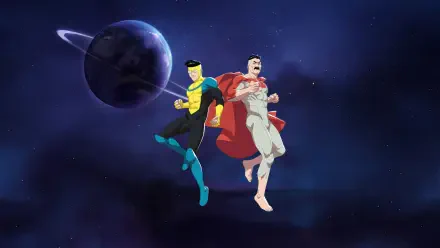 Invincible — 4K Ultra HD PC Desktop Wallpaper and Background: two animated superheroes, one in black and yellow and one in white with a red cape, floating in deep space near a ringed planet.