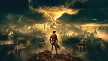 GreedFall 2 4K Ultra HD PC desktop wallpaper/background: lone explorer on a cliff surveys a storm-lit fantasy city beneath swirling clouds and crackling lightning.