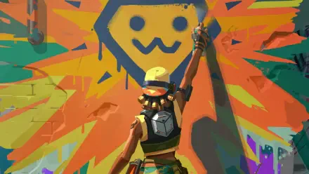 HD PC desktop wallpaper: Raze from Valorant stands before a colorful graffiti explosion, arm raised, wearing a grenade satchel and explosive gear.
