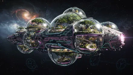 4K Ultra HD PC desktop wallpaper and background showing a futuristic glass-domed spaceship carrying lush ecosystems through a starfield with a distant spiral galaxy.