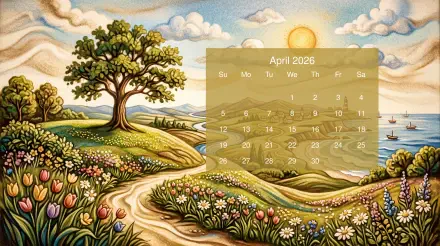 April 2026 calendar on a 5K Ultra HD PC desktop wallpaper: stylized sunlit pastoral landscape with rolling hills, winding path, tulips and wildflowers, a lone tree and distant sailboats.