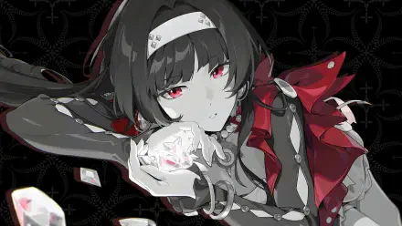 HD PC desktop wallpaper of Astra Yao from Zenless Zone Zero — anime girl with black hair, red eyes and red-black ribbons, holding a glowing crystal against a dark patterned background.
