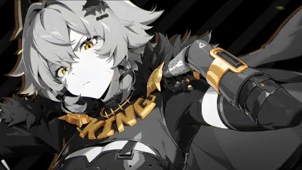 Monochrome HD PC wallpaper of Caesar King from Zenless Zone Zero: anime girl in black armor with gold KING necklace, intense yellow eyes and a dramatic cape.