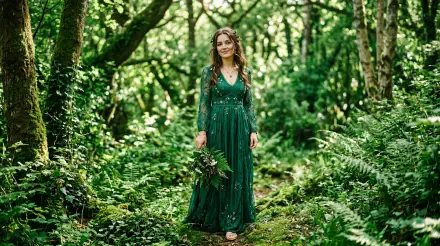 5K Ultra HD PC desktop wallpaper and background of a woman in an emerald green gown standing on a mossy forest path, holding wildflowers amid sunlit ferns.